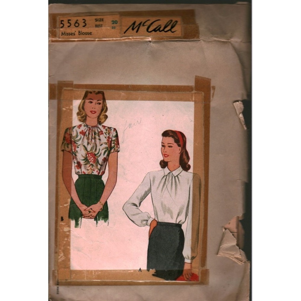 Vintage 1940s McCall 5563 Misses Blouse Sewing Pattern Size 20 Bust 38 Retro